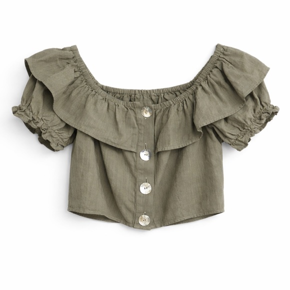 TOPSHOP | Olive Green Off-Shoulder Ruffle Top - Picture 1 of 10